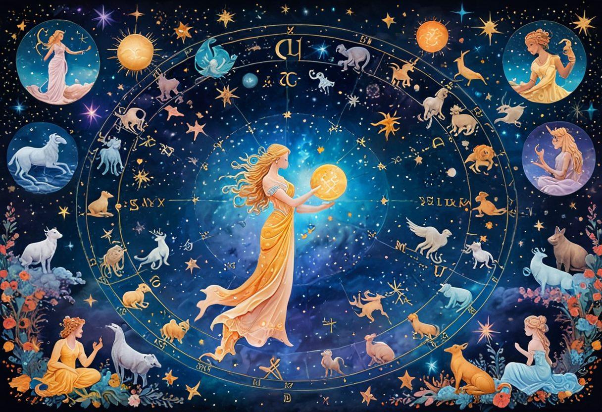 A harmonious scene depicting various zodiac symbols intertwined with human figures, symbolizing love and connection. Include elements representing each zodiac sign, such as vibrant constellations and astrological charts. The background should feature a celestial sky with stars and planets, reflecting the cosmic influence on relationships. Soft pastel colors to enhance the serene atmosphere. super-realistic. vibrant colors.