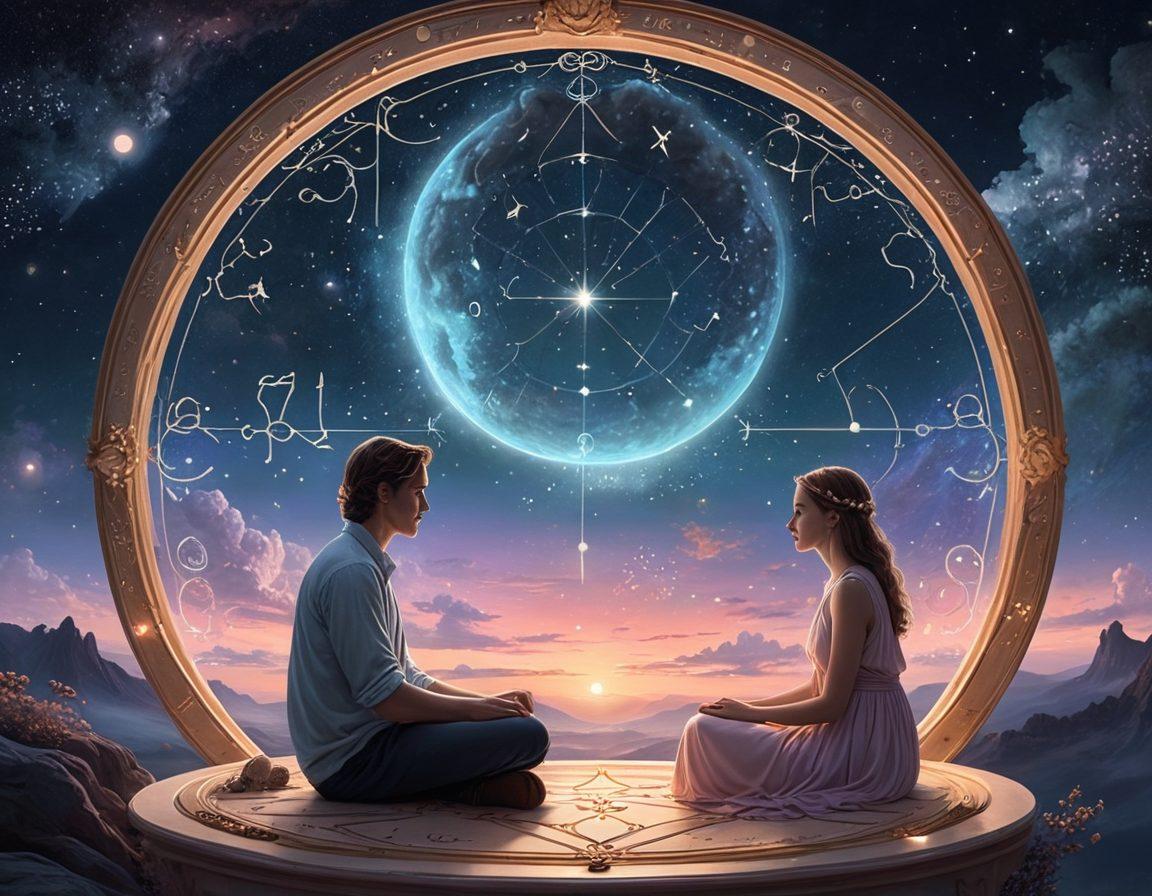 An ethereal night sky filled with twinkling stars and constellations intertwined with zodiac symbols. Below, a couple is discussing insurance options and compatibility, surrounded by mystical astrological charts and celestial elements. The scene radiates warmth and enlightenment, symbolizing harmony between choices and relationships. pastel colors, whimsical style, cosmic elements.