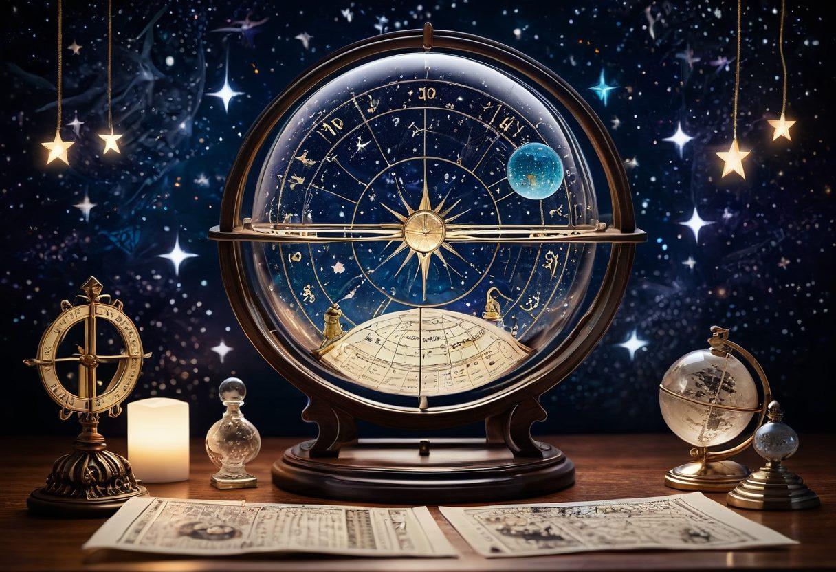 A celestial-themed desk with a glowing crystal ball, astrological charts scattered around, and zodiac symbols illuminating from the crystal. Incorporate stars and constellations in the background, blending with a cozy, inviting ambiance. A vintage astrolabe and insurance documents can be subtly seen in the foreground. mystical and cosmic art style. vibrant colors. dreamy atmosphere.